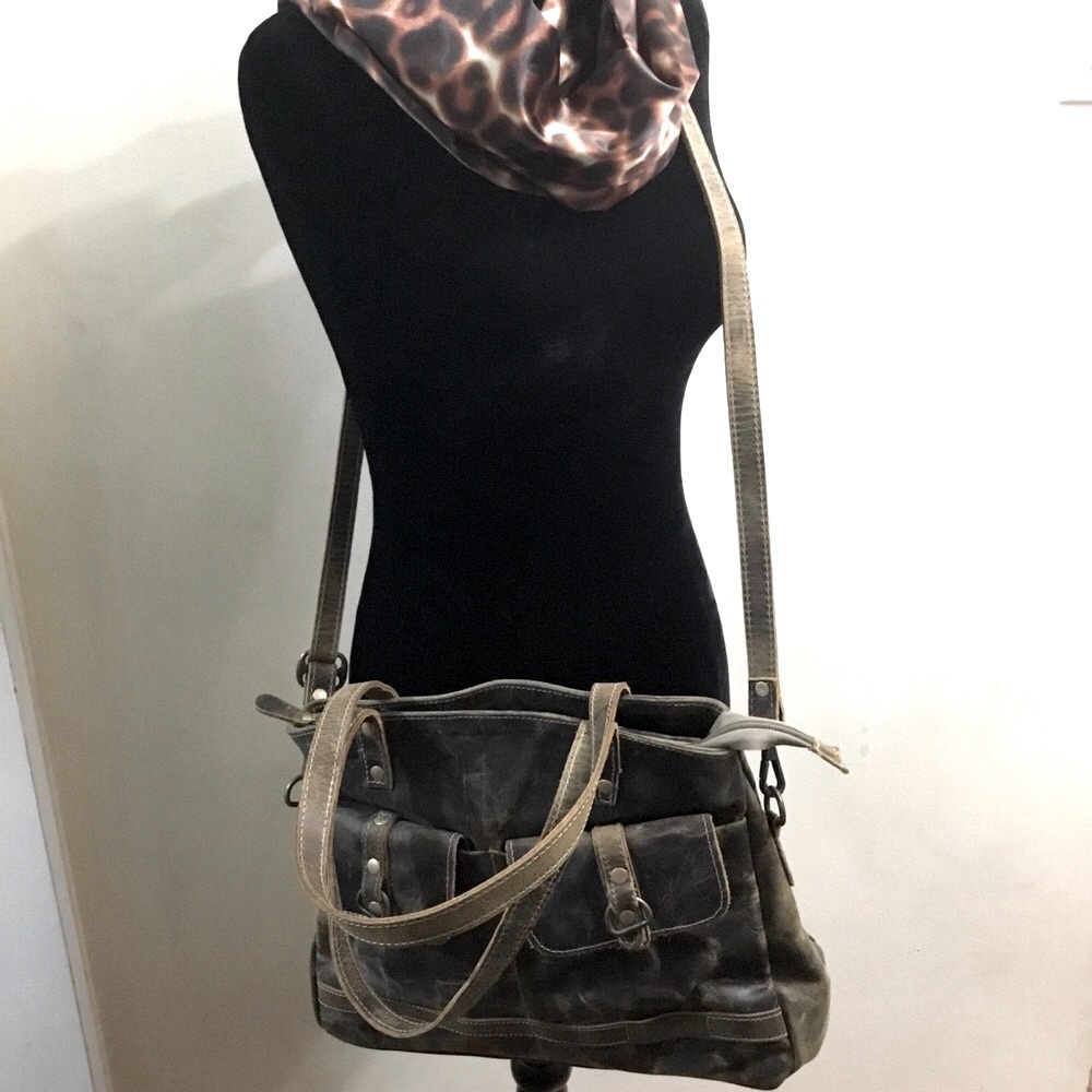 Myra tanned and distressed cotton and leather tote bag purse